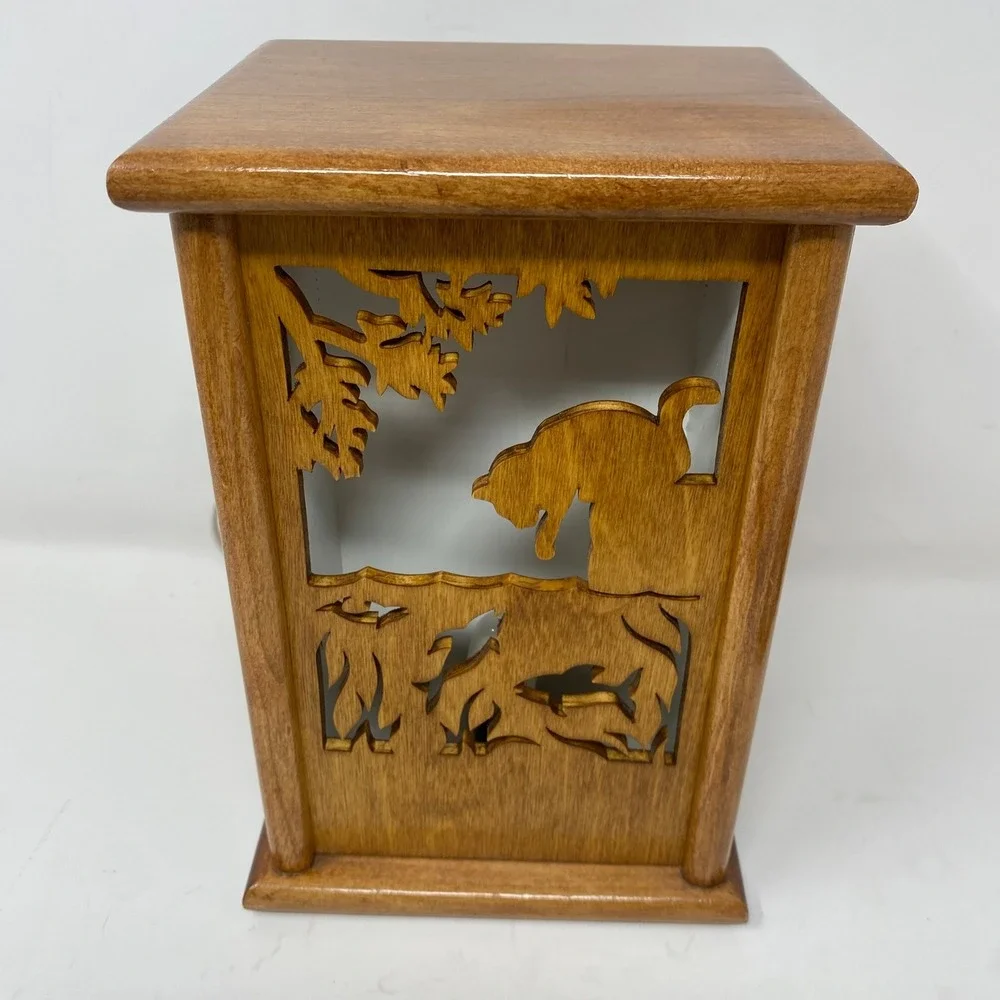 Vintage Handmade Wood Table Night Light w 4 Interchangeable Carved Front Panels